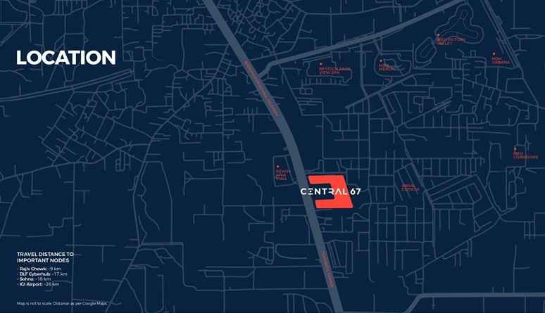 Location map of The DLF Central 67 SCO Plots, highlighting the major area and surrounding connectivity.