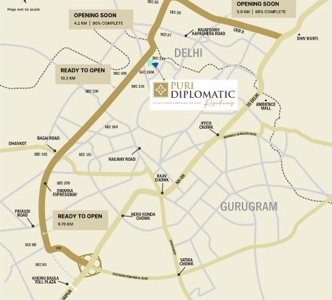 PURI Constructions' new launch on Dwarka Expressway in Sector 111, Gurgaon, is mentioned on the location map.