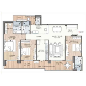 Floor Plan - 3BHK + 3T + S, 2282 SQ.FT. at Puri Diplomatic Residences